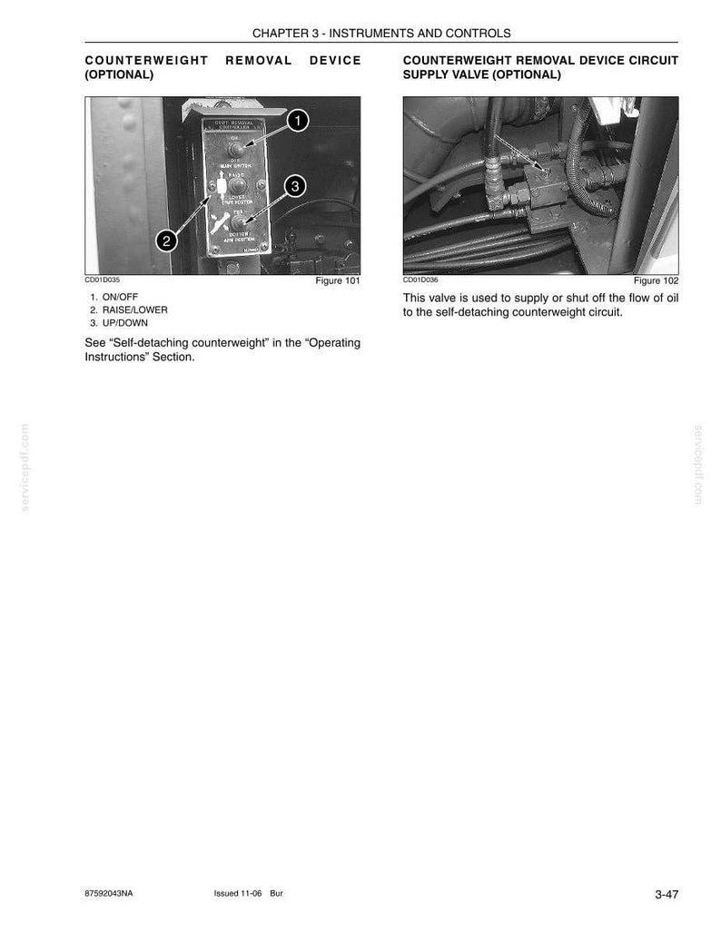 May include: A grayscale image from a manual showing a control panel labeled "Counterweight Removal Device" with buttons for ON/OFF, RAISE/LOWER, and UP/DOWN. The image also includes a diagram of a valve.