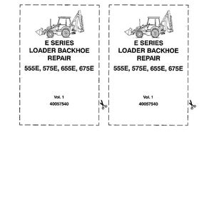 May include: Two labels for an E Series Loader Backhoe Repair manual. Each label features a line drawing of a backhoe and the text "E SERIES LOADER BACKHOE REPAIR" with model numbers 555E, 575E, 655E, and 675E.