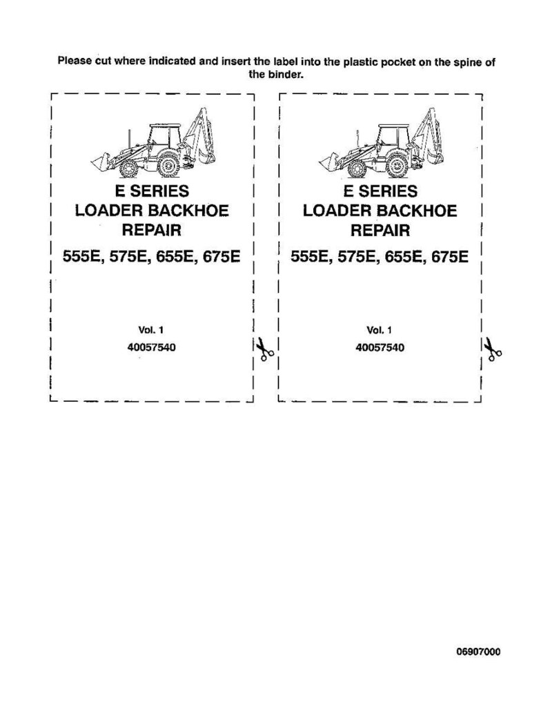 May include: Two labels for an E Series Loader Backhoe Repair manual. Each label features a line drawing of a backhoe and the text "E SERIES LOADER BACKHOE REPAIR" with model numbers 555E, 575E, 655E, and 675E.