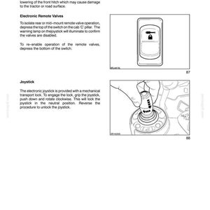 May include: A technical manual page titled SECTION 3 - FIELD OPERATIONS featuring instructions for Transport Locks, Electronic Remote Valves, and a Joystick. It includes a diagram of a switch with a lock icon and a diagram of a joystick being operated.