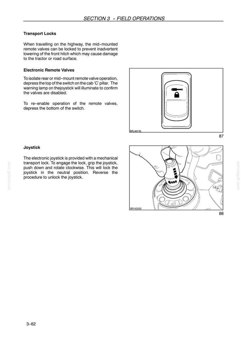 May include: A technical manual page titled SECTION 3 - FIELD OPERATIONS featuring instructions for Transport Locks, Electronic Remote Valves, and a Joystick. It includes a diagram of a switch with a lock icon and a diagram of a joystick being operated.