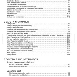 May include: A page from a manual titled "Contents" with a list of topics including safety information, controls, and general information. The text is black on a white background.