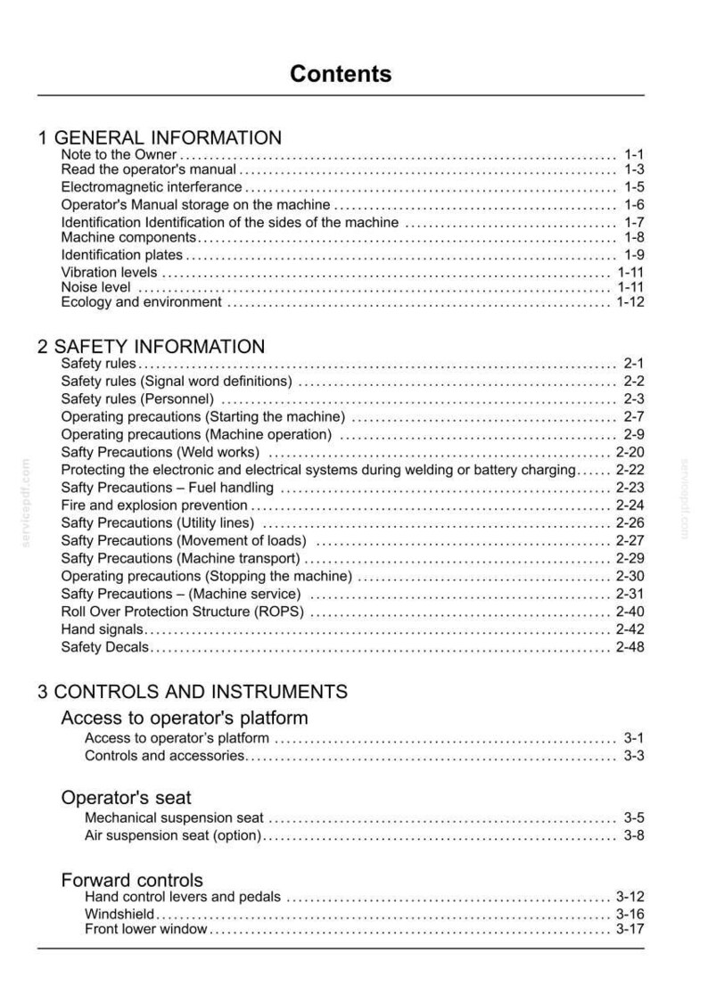 May include: A page from a manual titled "Contents" with a list of topics including safety information, controls, and general information. The text is black on a white background.
