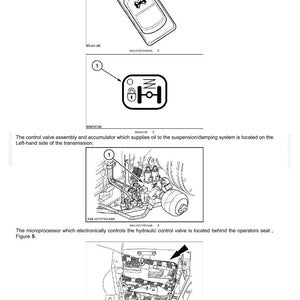 May include: Diagram of hydraulic suspension components, including a control valve assembly, accumulator, and microprocessor. The image includes detailed illustrations and labels for each part, with arrows indicating key locations.
