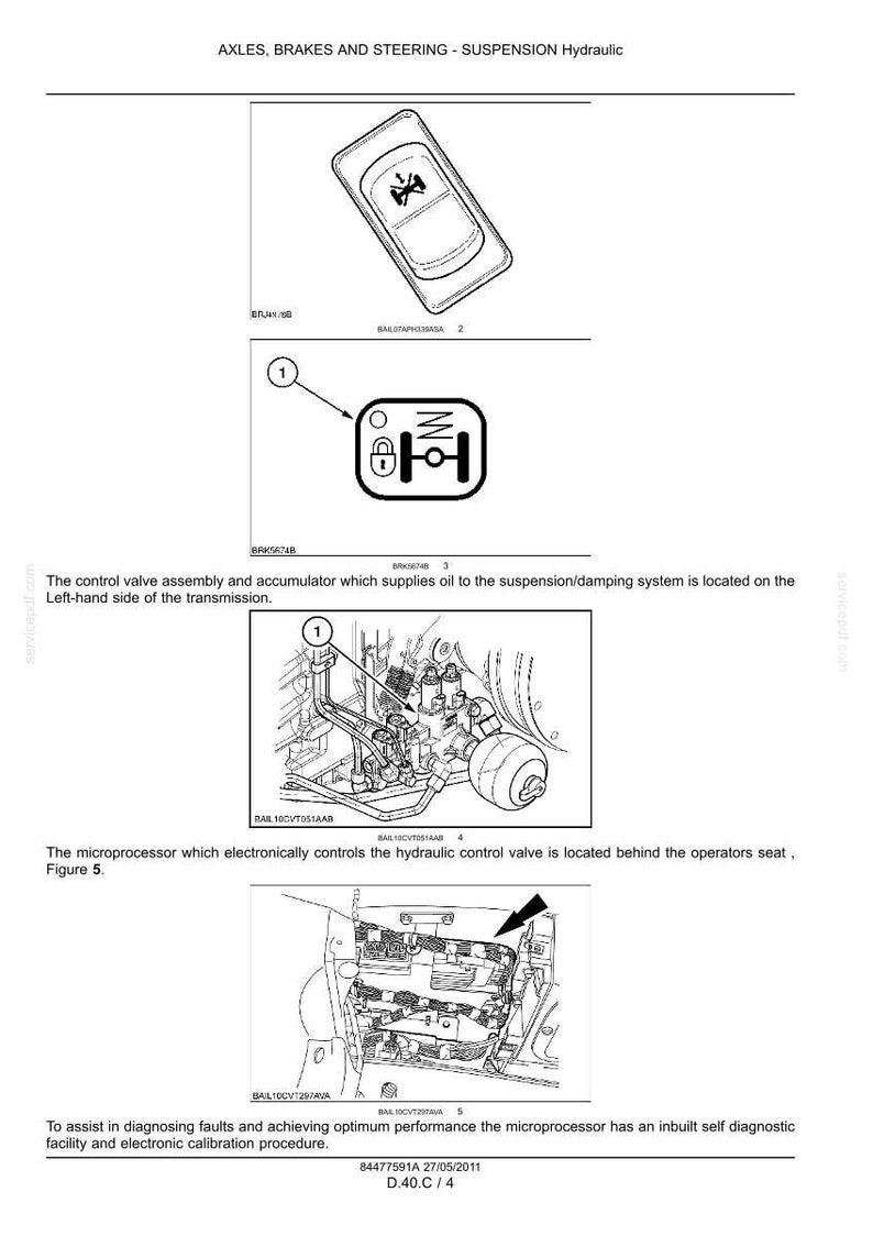 May include: Diagram of hydraulic suspension components, including a control valve assembly, accumulator, and microprocessor. The image includes detailed illustrations and labels for each part, with arrows indicating key locations.