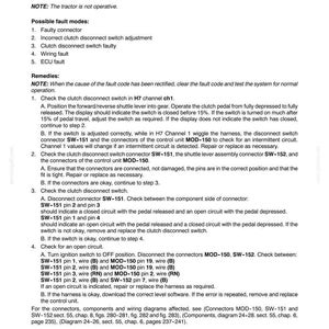 May include: Page from a manual detailing the clutch pedal switch circuit for a tractor. Includes troubleshooting steps, connector checks, and wiring diagrams. Text includes "Clutch Pedal Switch Circuit Open" and "Electrical System - Chapter 9."