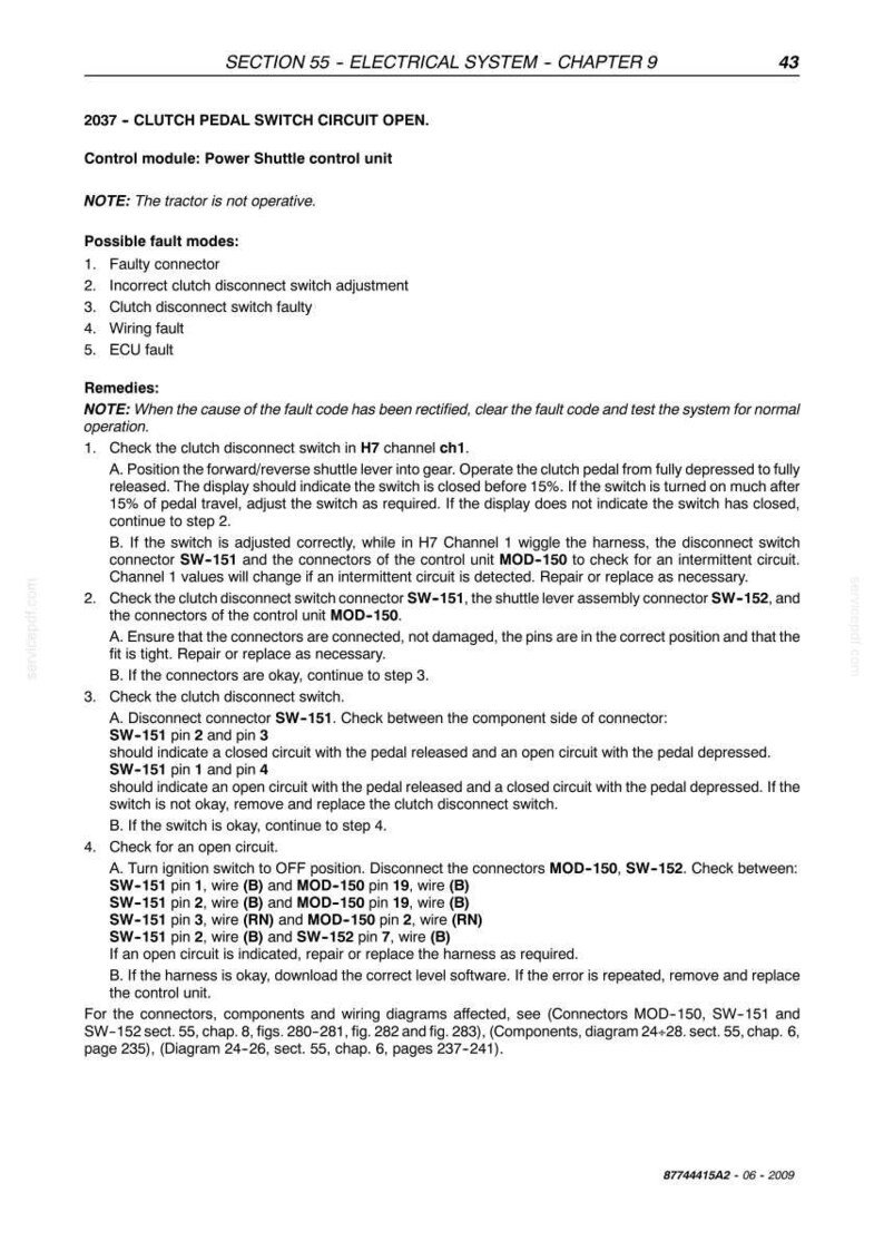 May include: Page from a manual detailing the clutch pedal switch circuit for a tractor. Includes troubleshooting steps, connector checks, and wiring diagrams. Text includes "Clutch Pedal Switch Circuit Open" and "Electrical System - Chapter 9."