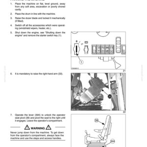 May include: A page from an operating manual with instructions for parking a machine. The manual includes numbered steps, diagrams of machine components, and a warning about safely exiting the machine. The text is in black, with diagrams in grayscale.
