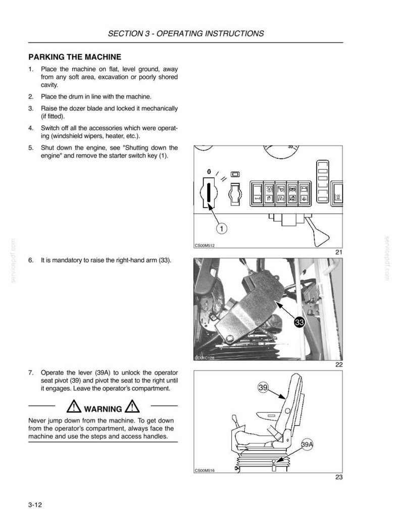 May include: A page from an operating manual with instructions for parking a machine. The manual includes numbered steps, diagrams of machine components, and a warning about safely exiting the machine. The text is in black, with diagrams in grayscale.