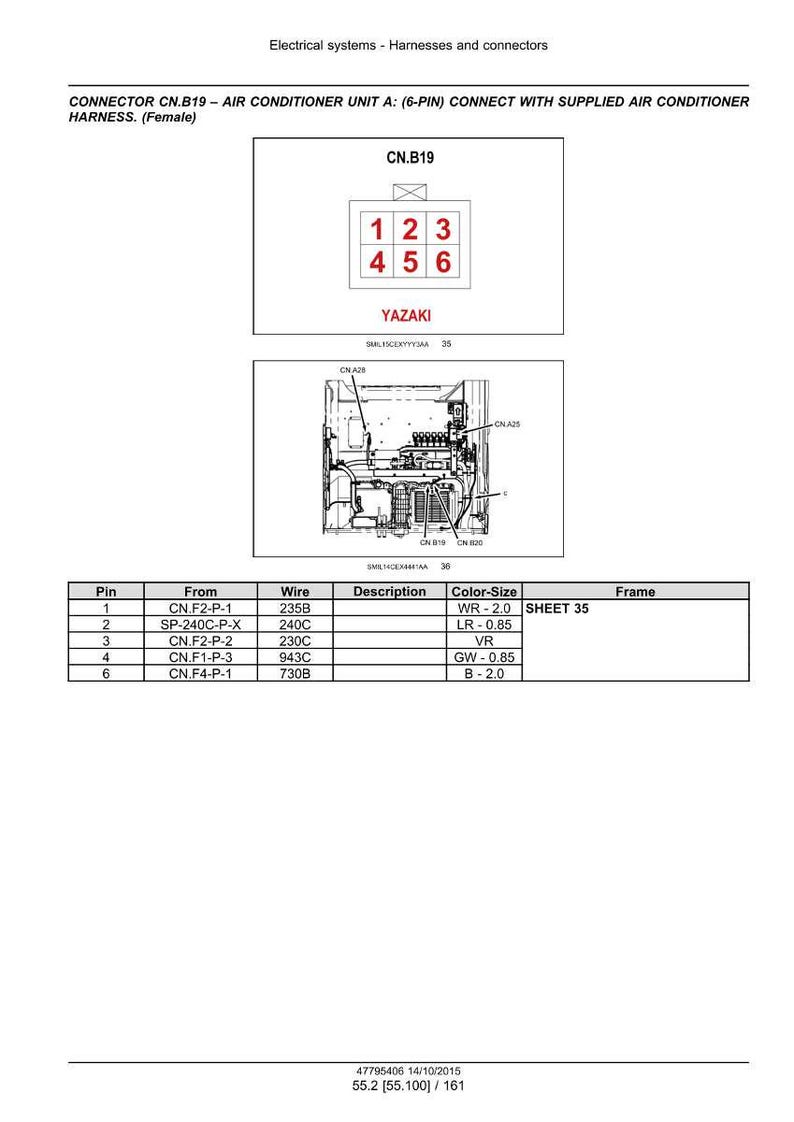 May include: Diagram of an air conditioner unit connector CN.B19 with a 6-pin configuration. The image includes a wiring diagram with pin numbers, wire descriptions, and color-size details. The text "YAZAKI" is also visible.