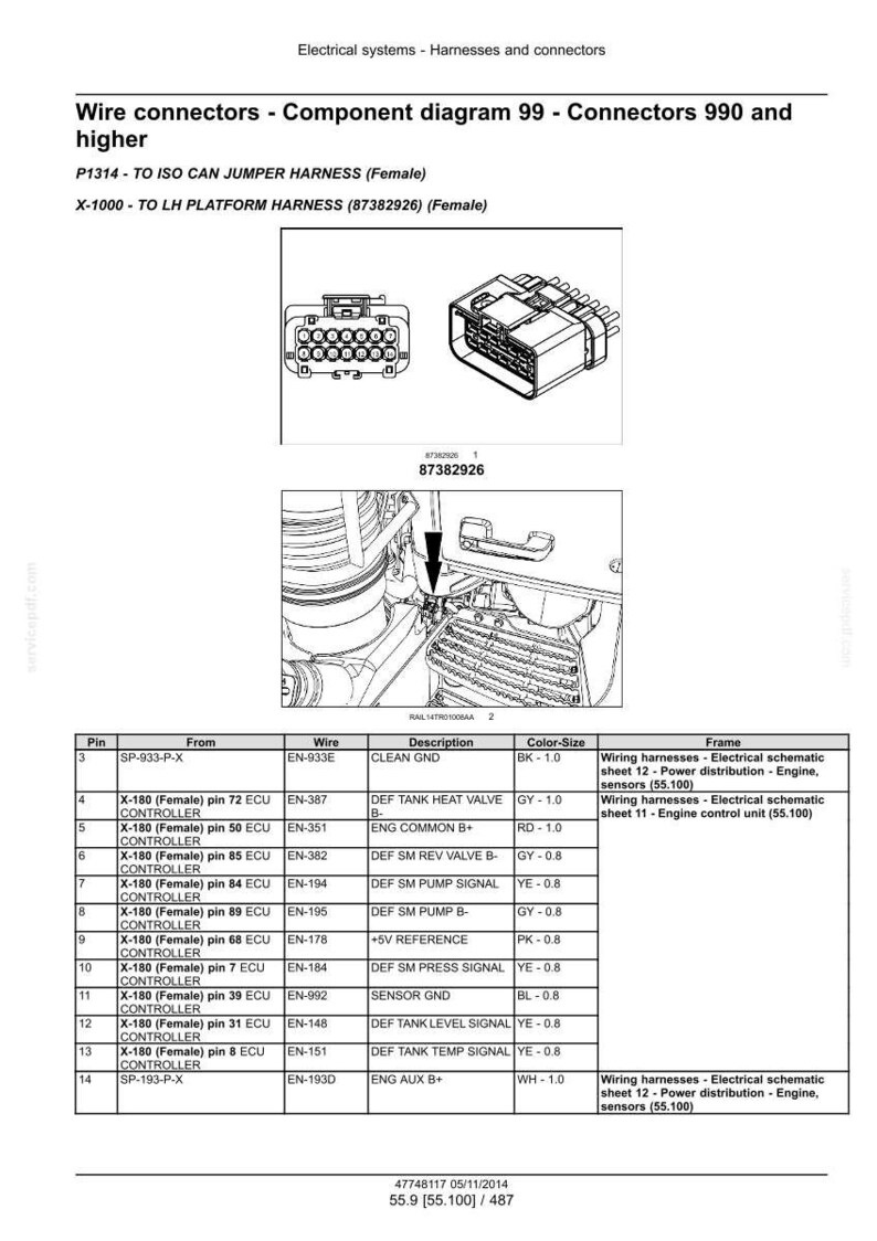 Op de afbeelding: Diagram van draadconnectoren, componentdiagram 99 en connectoren 990 en hoger. Bevat een tabel met pin-, draad- en beschrijvingsdetails. Tekst bevat "Elektrische systemen - Harnassen en connectoren."