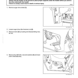 May include: Diagram of a feed auger drive chain removal procedure. The image shows detailed steps, including removing the drive shield, loosening the tensioner nut, removing the chain, and removing bolts and washers. Safety warning text is included.