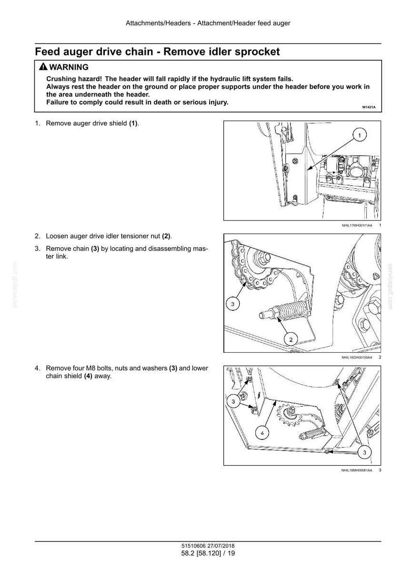 May include: Diagram of a feed auger drive chain removal procedure. The image shows detailed steps, including removing the drive shield, loosening the tensioner nut, removing the chain, and removing bolts and washers. Safety warning text is included.