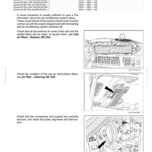 May include: Diagram of air conditioning components with labels and arrows. Text includes instructions for visual inspection of the system, checking air vents, filters, and compressor. The image is a technical illustration.