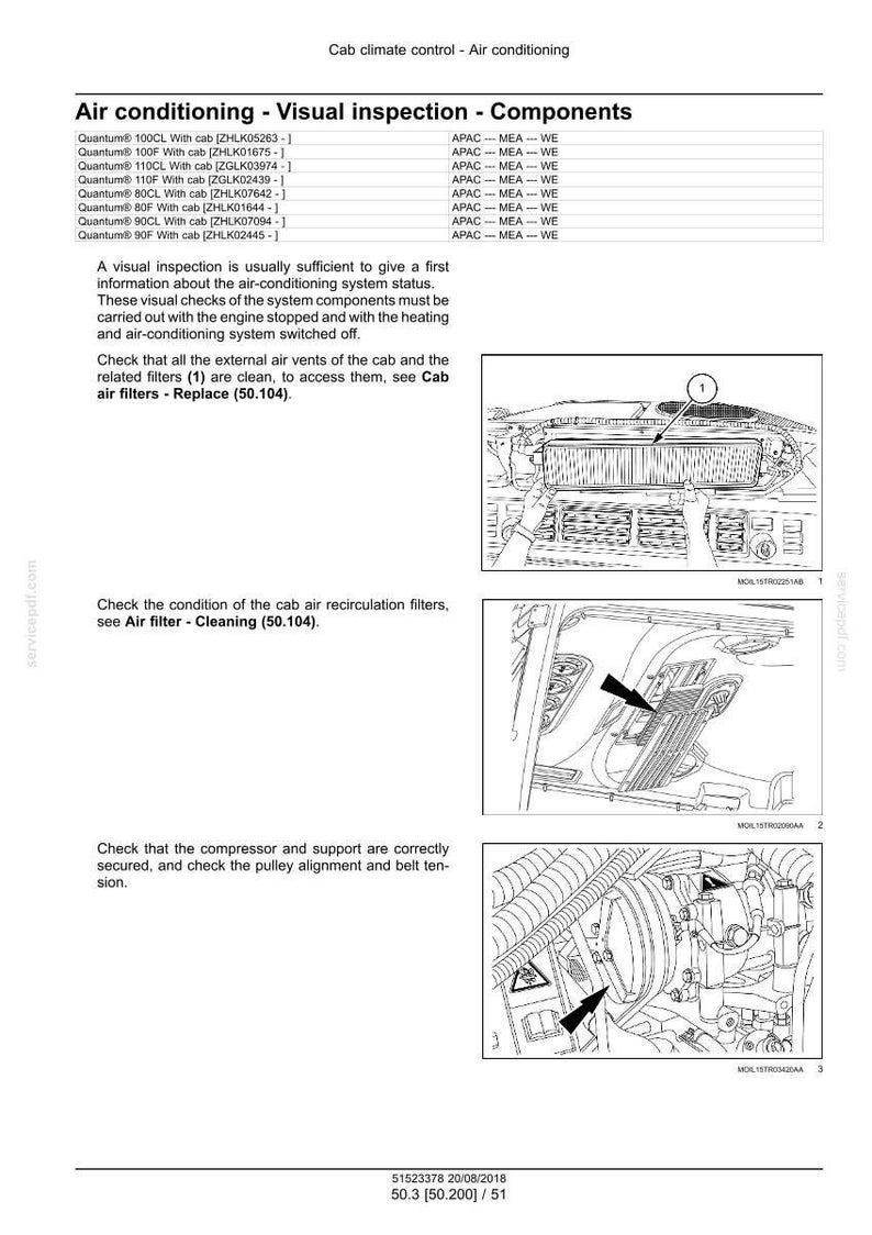 May include: Diagram of air conditioning components with labels and arrows. Text includes instructions for visual inspection of the system, checking air vents, filters, and compressor. The image is a technical illustration.