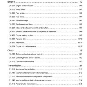 May include: A page from a manual titled "Contents" with a list of engine, clutch, and transmission components. The text is black on a white background. The document includes a date and a reference number.