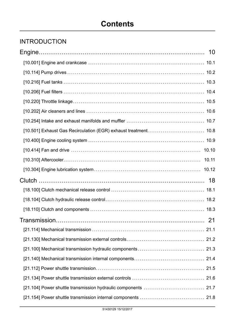 May include: A page from a manual titled "Contents" with a list of engine, clutch, and transmission components. The text is black on a white background. The document includes a date and a reference number.