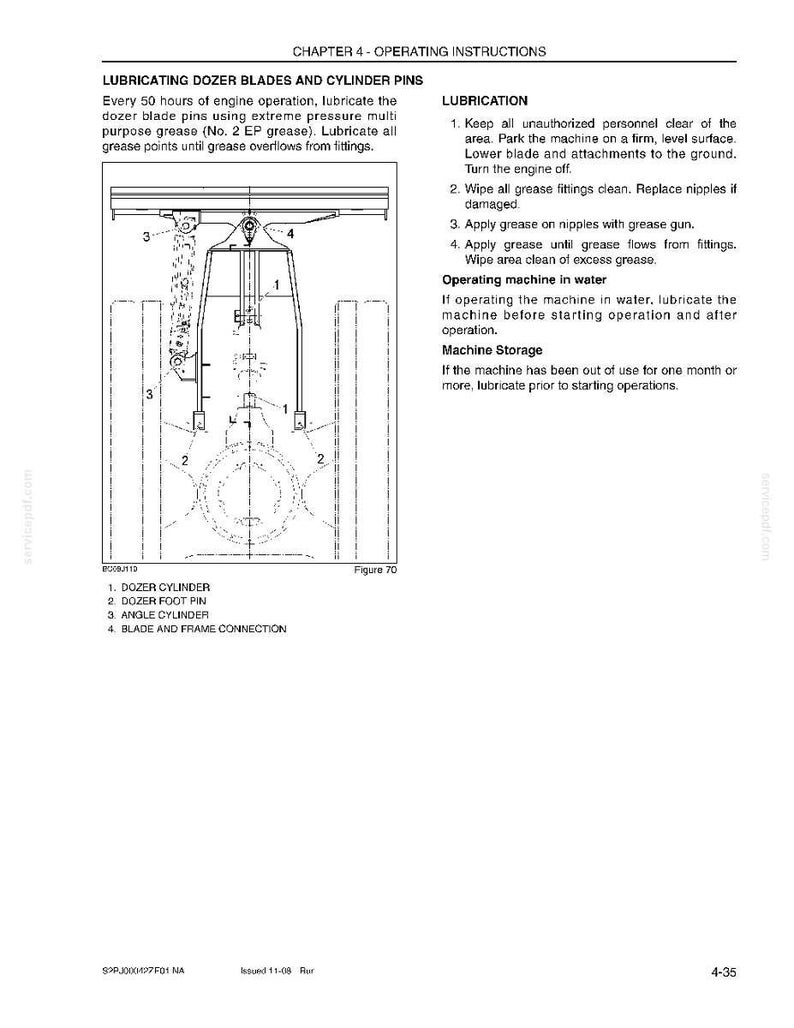 Peut inclure: Sch&eacute;ma d'une lame de bulldozer et de goupilles de v&eacute;rin avec des &eacute;tiquettes et des instructions. L'image comprend une illustration d&eacute;taill&eacute;e des composants du bulldozer, avec des points num&eacute;rot&eacute;s et du texte d&eacute;crivant les proc&eacute;dures de lubrification.