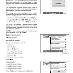 May include: A technical manual page titled Tire Pressure Monitoring System (TPMS) (where fitted) featuring three grayscale interface diagrams. The text explains system configuration, pressure sensor settings, and color-coded alerts for tractor tires.