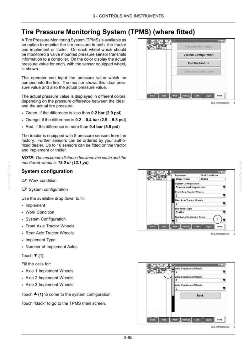 May include: A technical manual page titled Tire Pressure Monitoring System (TPMS) (where fitted) featuring three grayscale interface diagrams. The text explains system configuration, pressure sensor settings, and color-coded alerts for tractor tires.