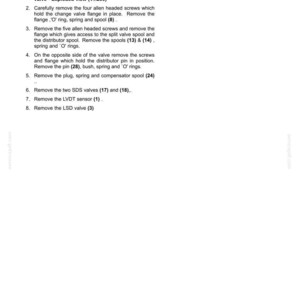 May include: A page from a manual detailing the disassembly of a fast steering control valve. The text includes numbered steps for removing various components such as screws, flanges, and valves. The document is titled "Fast steering control valve - Disassemble."