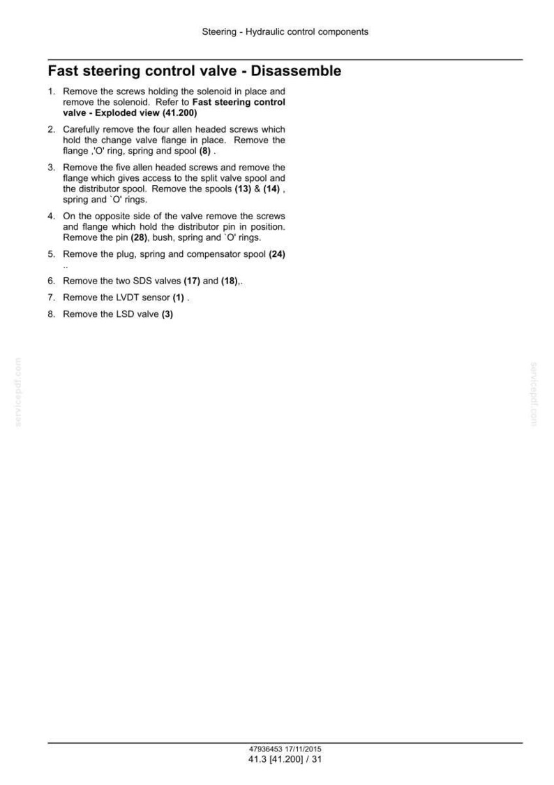 May include: A page from a manual detailing the disassembly of a fast steering control valve. The text includes numbered steps for removing various components such as screws, flanges, and valves. The document is titled "Fast steering control valve - Disassemble."