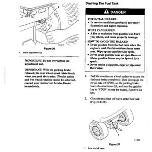 Op de afbeelding: Een pagina uit een technisch handboek getiteld Onderhoud met instructies voor een remstelmoer met 51 mm vrije slag, en een sectie Brandstoftank met veiligheidsprocedures voor het aftappen van benzine uit een tractor.