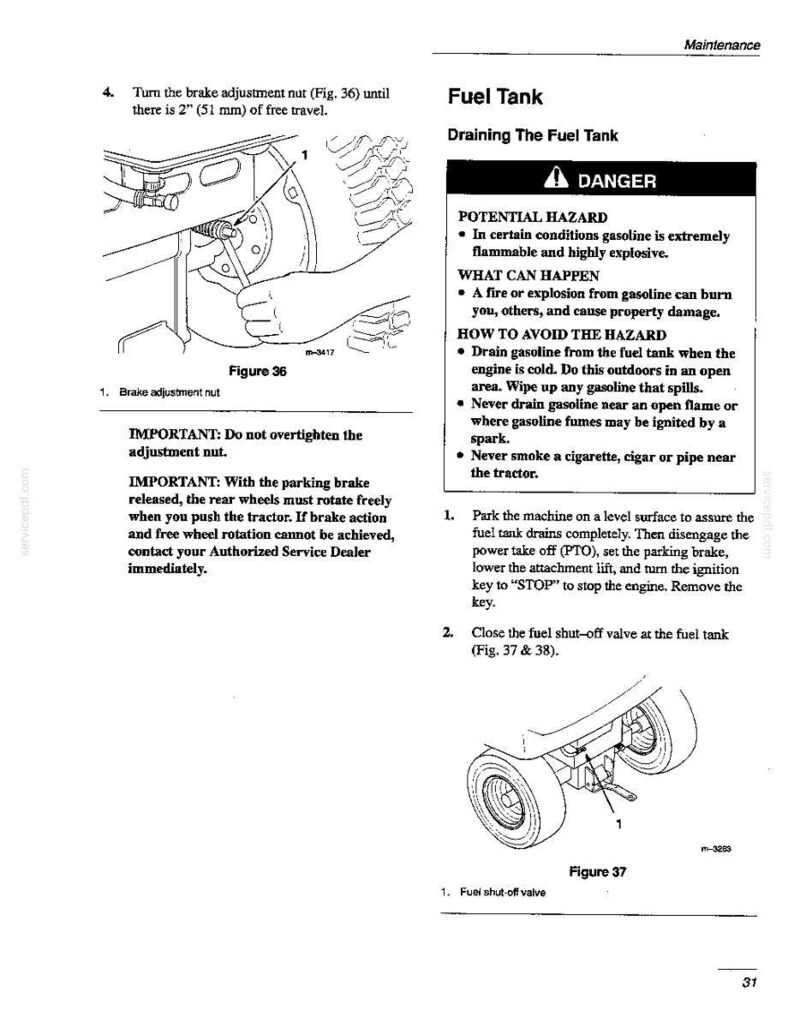 Op de afbeelding: Een pagina uit een technisch handboek getiteld Onderhoud met instructies voor een remstelmoer met 51 mm vrije slag, en een sectie Brandstoftank met veiligheidsprocedures voor het aftappen van benzine uit een tractor.