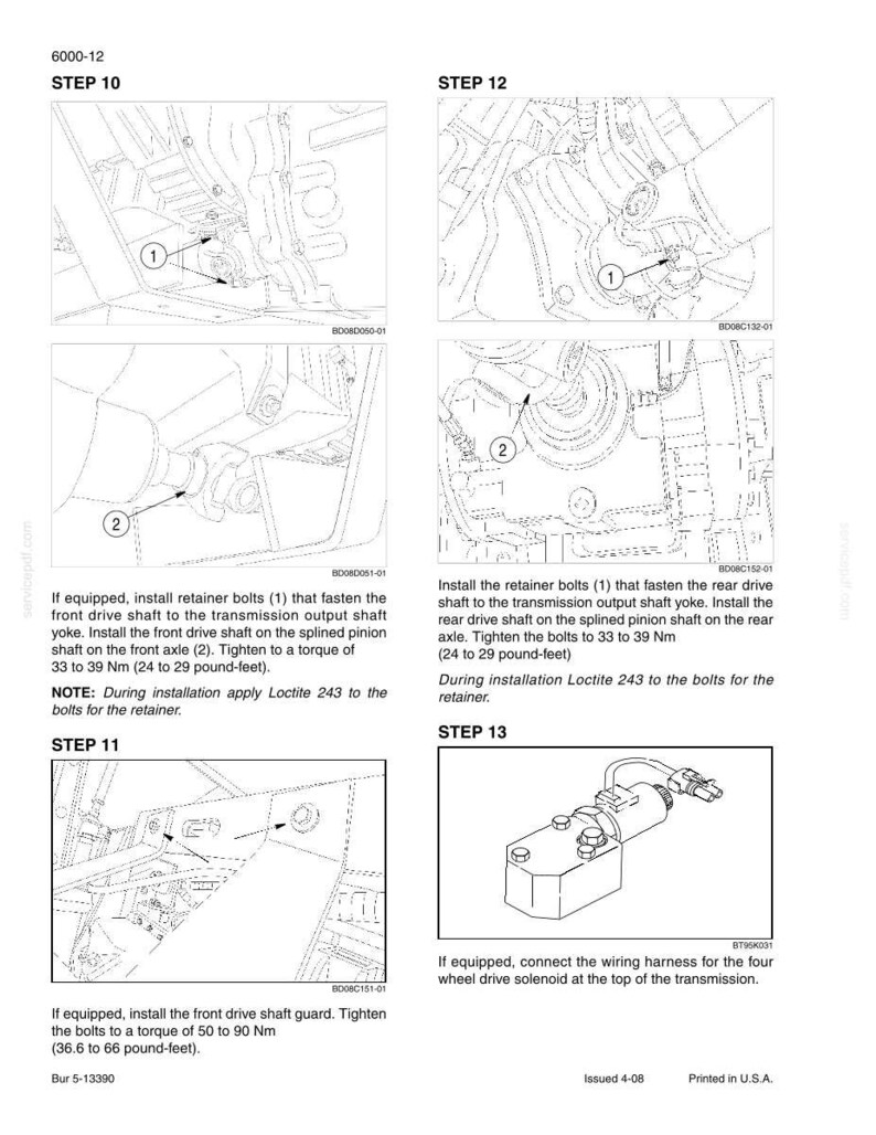 May include: Diagram of automotive components with step-by-step instructions. Includes illustrations of bolts, shafts, and a solenoid. Text provides torque specifications in pound-feet and Newton-meters for tightening various parts.