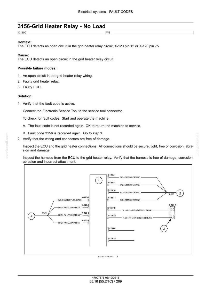 May include: Diagram of an electrical system fault code, titled "3156-Grid Heater Relay - No Load." Includes wiring schematics, component labels, and troubleshooting steps. Text includes "Electrical systems - FAULT CODES."