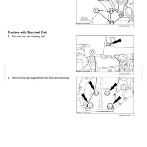 May include: Diagram of hydraulic service brakes with instructions. Step 7 shows removing a cab strap and detaching a bracket. Step 8 shows removing a bolt. Step 9 shows removing a cab support. Text includes "Brakes and controls - Hydraulic service brakes".