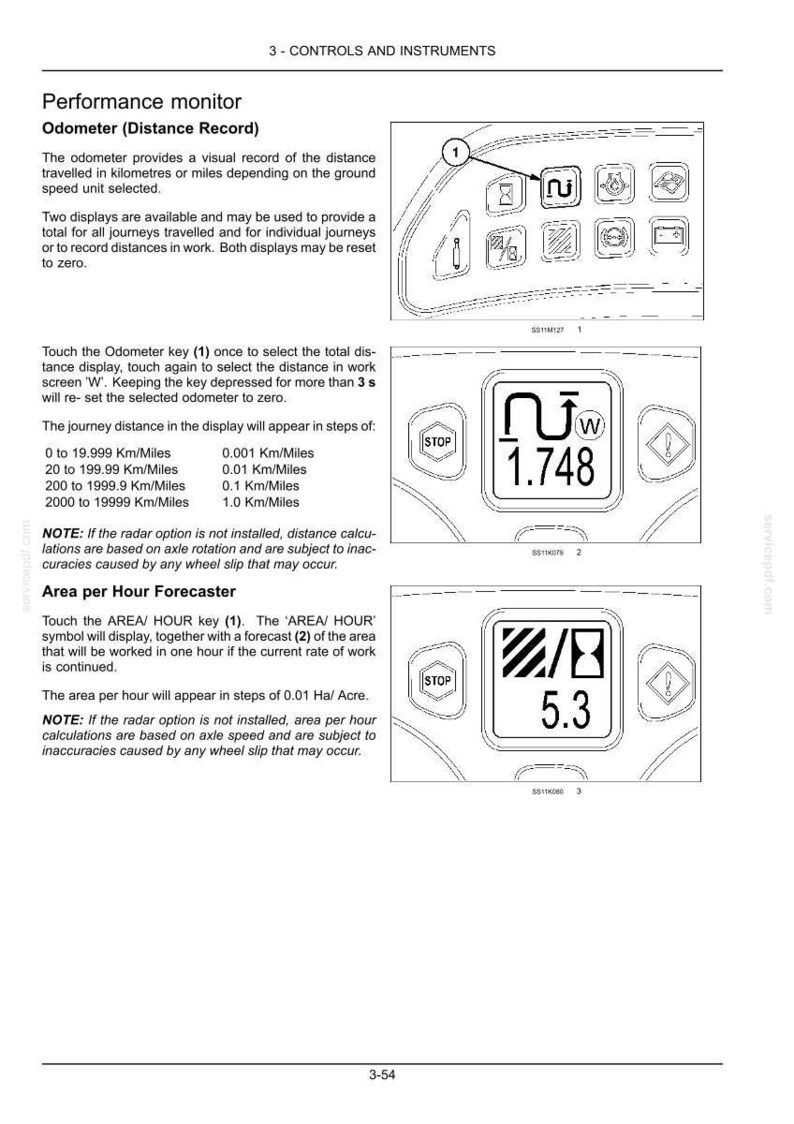 May include: A technical manual page titled 3-CONTROLS AND INSTRUMENTS detailing the Performance monitor, Odometer, and Area per Hour Forecaster. It includes diagrams of control panels with buttons, digital displays showing 1.748 and 5.3, and text.