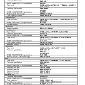 May include: A detailed table of specifications for a 721G engine, including oil types, technical specifications, and capacities. Information on coolant, fuel, hydraulic, and transmission fluids is also provided. Measurements are in US customary units.
