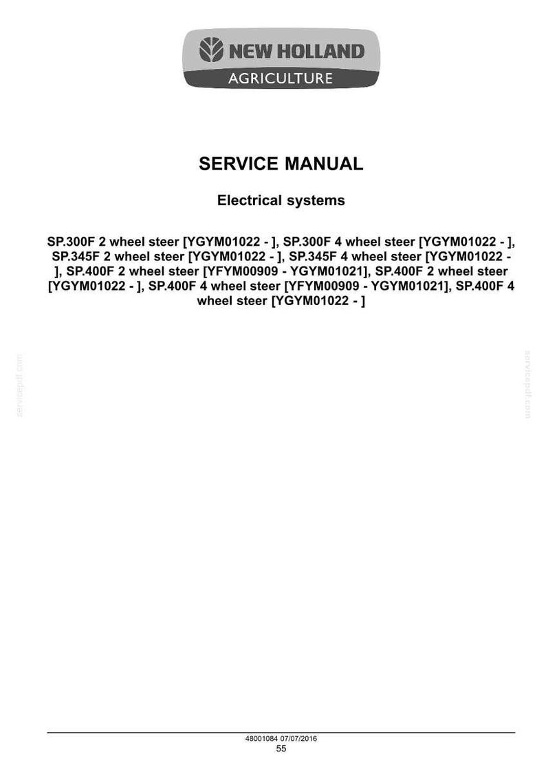 May include: A white page with the "NEW HOLLAND AGRICULTURE" logo at the top. The text "SERVICE MANUAL" and "Electrical systems" are displayed. Below, model numbers and specifications are listed.