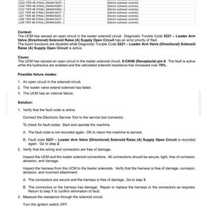 May include: A technical document detailing fault codes for electrical systems, specifically focusing on the 5221 Loader Arm Valve (Directional) Solenoid Raise (A) Supply Open Circuit. Includes troubleshooting steps and possible failure modes.