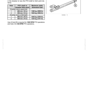May include: A technical diagram showing a tractor drawbar with a clevis, labeled with points 1 and 2. A table provides specifications for PTO shaft to drawbar hitch point distances in inches and maximum static downward load in pounds.