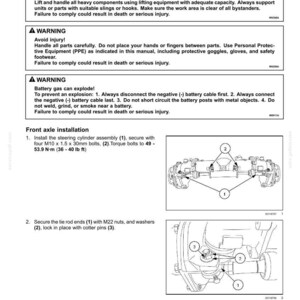 May include: Technical diagram for powered front axle installation. Includes warnings about safety and instructions for installing the steering cylinder assembly with bolts torqued to 36-40 lb ft. Also shows securing tie rod ends with nuts and washers.
