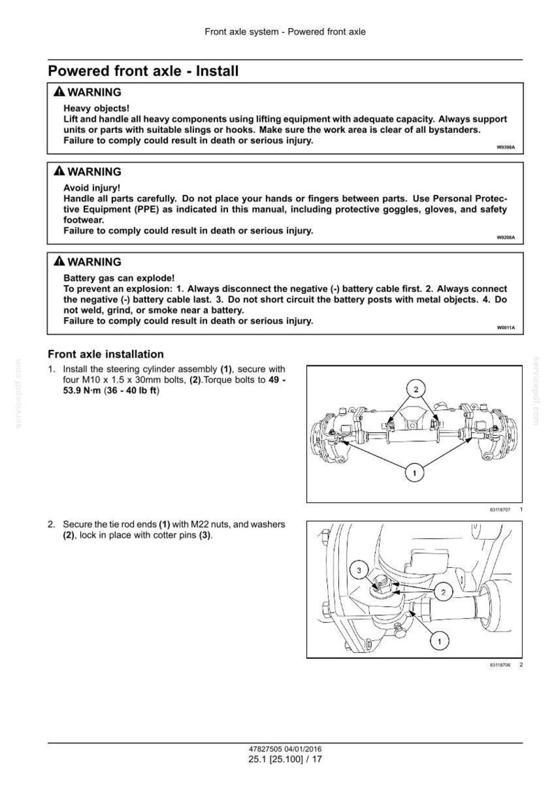 May include: Technical diagram for powered front axle installation. Includes warnings about safety and instructions for installing the steering cylinder assembly with bolts torqued to 36-40 lb ft. Also shows securing tie rod ends with nuts and washers.