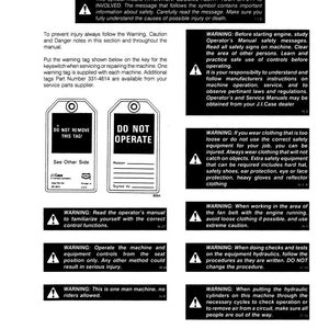 May include: A white page with the title "SAFETY" and several warning symbols and text. The page includes instructions and warnings about machine operation, safety, and maintenance. There are also two warning tags: "DO NOT REMOVE THIS TAG!" and "DO NOT OPERATE."