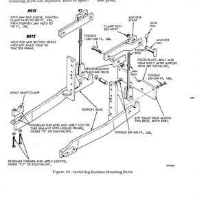 May include: Diagram illustrating the installation of backhoe mounting parts, with labels for components like anchor pins, tension rods, and support arms. Includes torque specifications in foot-pounds and instructions for welding and applying Loctite.