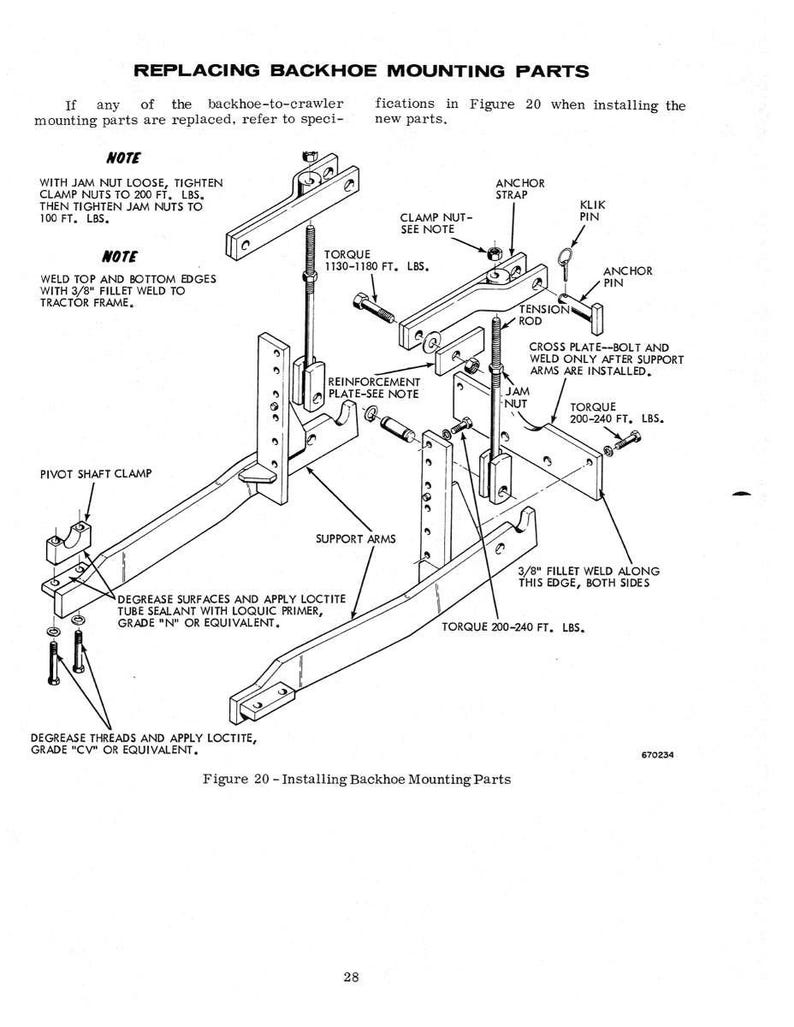 May include: Diagram illustrating the installation of backhoe mounting parts, with labels for components like anchor pins, tension rods, and support arms. Includes torque specifications in foot-pounds and instructions for welding and applying Loctite.