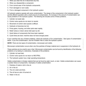 May include: A white document with black text detailing hydraulic system contamination. The document lists causes, problems, and types of contamination, including microscopic and visible contamination. The document is titled "Header or attachment tilting system - Overview of Contaminates."