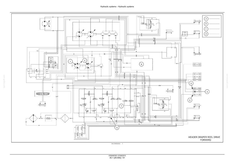 May include: A detailed black and white schematic diagram of a hydraulic system. The diagram includes various components, lines, and labels, with the text "Hydraulic systems - Hydraulic systems" at the top. The bottom right corner reads "HEADER DRAPER REEL DRIVE FORWARD".