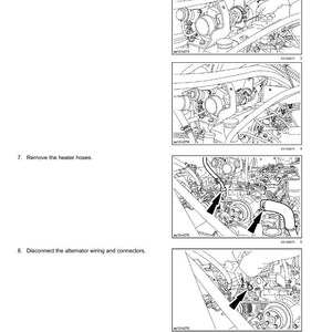 May include: Diagram of an engine with instructions for maintenance. The image shows detailed illustrations of engine components, including the turbocharger, heater hoses, and alternator wiring. Text instructions are included.
