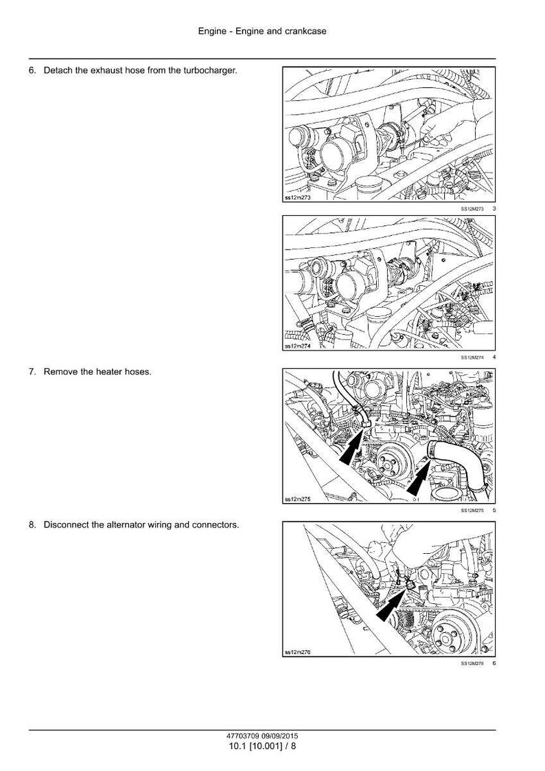 May include: Diagram of an engine with instructions for maintenance. The image shows detailed illustrations of engine components, including the turbocharger, heater hoses, and alternator wiring. Text instructions are included.