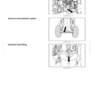 May include: Diagram of a machine's maintenance procedures. The image shows detailed illustrations of the pre-fuel filter, access to the hydraulic system, and hydraulic fluid filling points, with arrows indicating specific locations.