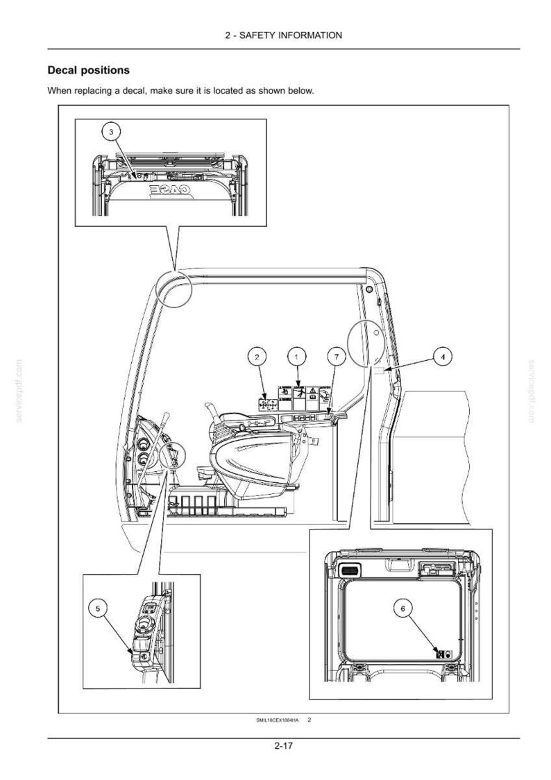 May include: Diagram of a vehicle cabin interior with numbered decal positions. The image includes close-up insets highlighting specific areas for decal placement, with labels and arrows indicating locations for maintenance.