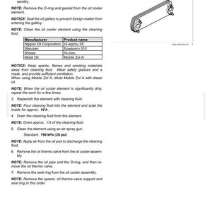 May include: Diagram of an engine oil cooler with instructions for disassembly. The image includes a detailed view of the oil cooler element and a table listing manufacturers and product names. The text provides step-by-step instructions for cleaning and maintenance.