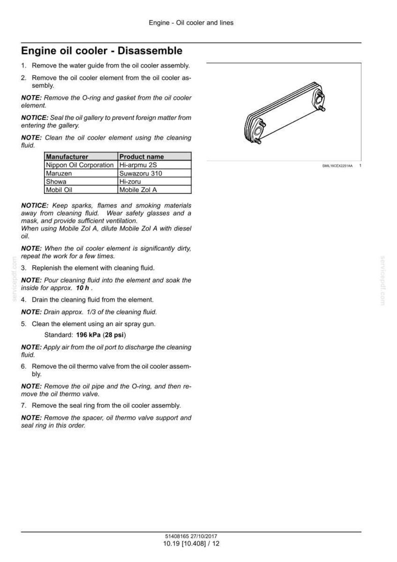 May include: Diagram of an engine oil cooler with instructions for disassembly. The image includes a detailed view of the oil cooler element and a table listing manufacturers and product names. The text provides step-by-step instructions for cleaning and maintenance.