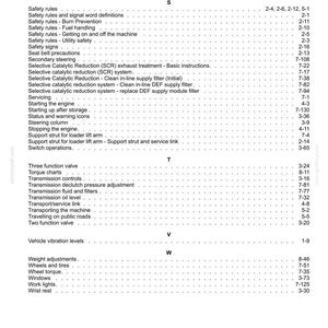 May include: A detailed table of contents from a manual, featuring a list of topics and corresponding page numbers. The text is in black against a white background. Topics include safety rules, steering, and transmission controls.